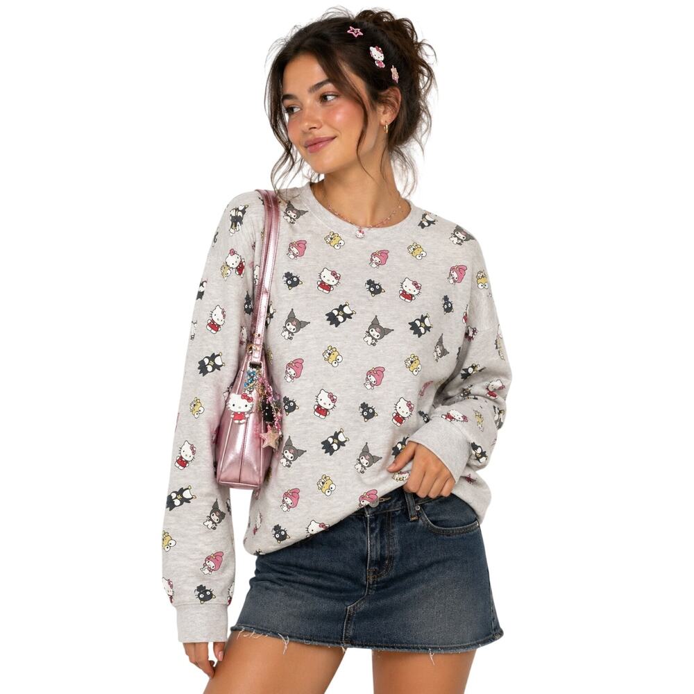 Sanrio Friends Gray Sweatshirt Hello Kitty Kitty Keroppi Kuromi Melody B